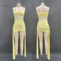 Elegant yellow mesh splicing tube top mini dress featuring stylish side streamers - S / Dresses / Yellow