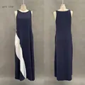 Front and back view of a sleeveless navy blue color-block maxi dress on a mannequin - S / Navy Blue