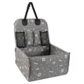 Foldable gray pet car seat booster bag with white paw print pattern and storage mesh pocket - Gray Paw Prints