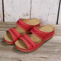 Vintage red wedge sandals for women featuring hollow embroidery and a non-slip platform sole - 36 / Red