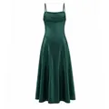 Elegant dark green satin slip dress featuring a cowl neck and backless evening design. - S / Dresses / Malachite green