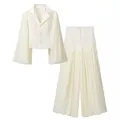 Elegant cream two-piece set featuring pleated flared sleeves and wide-leg lantern trousers. - S / Top And Bottom / Apricot