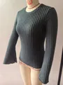Close-up detail of grey 8x4 ribbed brushed knit top showing flared long sleeves and texture - Dark Gray