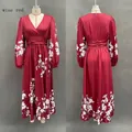 Front and back view of wine red floral V-neck maxi dress with pleated waist - S / Dresses / Long Sleeve Style / Burgundy