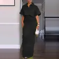 Detail view of women's black two-piece set with cropped top and maxi pencil skirt. - XS / Top And Bottom / Black