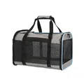 Breathable grey pet carrier bag with light blue trim for portable cat and dog travel - M / Grey Blue