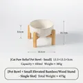 Tazón pequeño de cerámica blanca con relieve de patas y soporte de bambú elevado pet - Cuenco Pequeño Relieve Pata Gato + Soporte Simple de Bambú Elevado