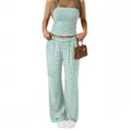 Casual women's two-piece set featuring green striped tube top and wide-leg trousers - White with Green Stripes