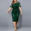 Elegant emerald green sequined party dress featuring mesh lace sleeves and a slim fit cut - S / Dresses / Green