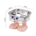 Square stainless steel pet bowl with cute cartoon feet base and dimension markings - Big-Eyed Transparent Square Stainless Steel Elevated Bowl / Pink
