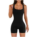 Sleeveless square neck black athletic romper with slimming bodycon fit for yoga - S / Top And Bottom / Black