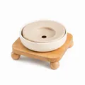 Bol pour animaux en céramique crème avec support en chêne et disque d'eau flottant - Ensemble Support Simple (Beige + Abricot + Support)