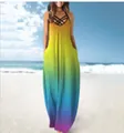 Close-up detail of vibrant colorful gradient summer maxi dress with criss-cross neckline - S / Dresses / Yellow