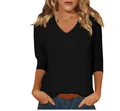 Close-up detail of a minimalist black V-neck T-shirt with comfortable 3/4 sleeves for women - Black