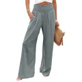 Detail view of women's grey high-waisted wide-leg linen pants with smocked waist - S / Bottoms / Gray