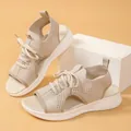 Detail view of breathable beige fly-knit platform sports sandals for summer comfort - 36 / Beige