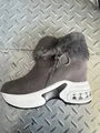 Side view detail of grey faux fur winter wedge boot featuring platform sole and zipper. - 36 / Gray