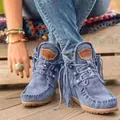 Detailed macro view of blue suede fringe ankle boots with lace-up front and studs - 35 / Blue