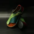 Detailed view of vintage bohemian color-block flat sandals with premium leather texture. - 35 / Green