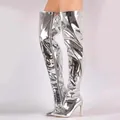 Close-up detail of silver metallic mirror finish on sexy over-the-knee high heel boots - 35 / Pointed Toe Mirror Patent Stiletto (Gaogenxie) / Silver