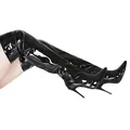 Détail de bottes cuissardes en cuir verni noir avec bout pointu et talon aiguille - 36 / Noir