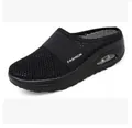 Vue détaillée de mules en mesh noir respirant avec coussin d'air visible et semelle épaisse - 38 / Noir (Maille Fine)