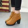 Tan lace-up high heel ankle boots with decorative side buckle for women fashion - 35 / Yellow
