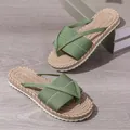 Hochwertiges Detail grüner Damen-Sommer-Strand-Flip-Flops mit gewebter Seiltextur-Sohle - 36 / Grün