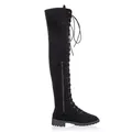 Klassischer schwarzer Overknee-Stiefel zum Schnüren mit flacher Sohle und Reißverschluss - 35 / Europäischer Stil Flach Overknee Schnürstiefel (27317) / Schwarz