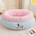 Grande cuccia per gatti in peluche a scacchi rosa e blu per calore invernale - S (37x19cm) / Donut a Griglia Blu + Coperta