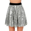 Detailed macro shot of silver shiny sequin mini skirt with black high elastic waistband. - S / Bottoms / Silver