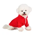 Vibrant red fleece hooded pet sweatshirt for small and medium dogs on a white Bichon - S / Red
