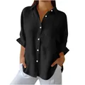 Women's casual black cotton linen button-down shirt with chest pocket detail - S / Tops / Black