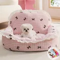 Weiches, rosa kariertes Hunde-Himmelbett mit Rüschen und dunklem Schleifenmuster - S (45x35cm) / Rosa mit Decke