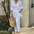 Ensemble deux pièces en lin blanc pour femme avec chemise longue et pantalon large - 3XL / Haut Et Bas / Blanc