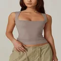 Vista dettagliata canotta donna talpa scollo quadrato senza maniche doppio strato slim - Cachi