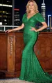 Elegant green sequined V-neck evening gown with puff sleeves and mermaid silhouette - S / Dresses / Dark Green