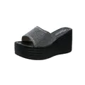 Detalle de las sandalias de cuña con purpurina plateada y suela gruesa tejida negra - Gris
