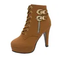 Side view of elegant brown high heel ankle boots featuring platform soles and buckle details - 35 / Brown