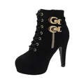 Side detail view of black stiletto ankle boots with lace-up front and gold buckle accents. - 35 / Black
