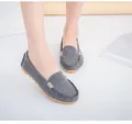 Gray suede flat loafers for women with a classic decorative metal buckle detail. - 35 / Gray