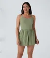 Detailed front view of sleeveless sage green heathered romper with gathered waist design - S / Green