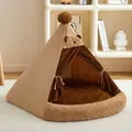 Tienda acogedora y cálida de felpa para mascotas, forma pirámide con detalle de oso en marrón. - S / Con Manta / 38*38*43cm / Oso Marrón