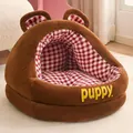 Cozy brown bear-shaped semi-enclosed pet bed for cats and small dogs with puppy embroidery - S / Coffee Bear (With Pillow)