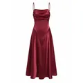 Elegant burgundy satin cowl neck slip dress with thin spaghetti straps for women - S / Dresses / Burgundy