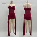 Sleek burgundy mesh-stitched strapless mini dress featuring elegant long side streamers - S / Dresses / Burgundy