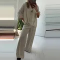 Women's vertical stripe two-piece lounge set with loose top and wide-leg trousers - 2XL / Top And Bottom / White