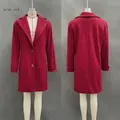 Front and back view of a women's elegant wine red mid-length woolen coat with lapels - 3XL / Tops / Burgundy