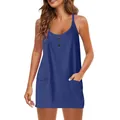 Detailed view of a casual blue sleeveless dress with buttons and front pockets - S / Dresses / Dark Blue
