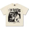 Αμερικανικό ρετρό vintage βαρύ βαμβακερό κρεμ T-shirt με γραφική μονόχρωμη εκτύπωση - S / Tops / κρεμ